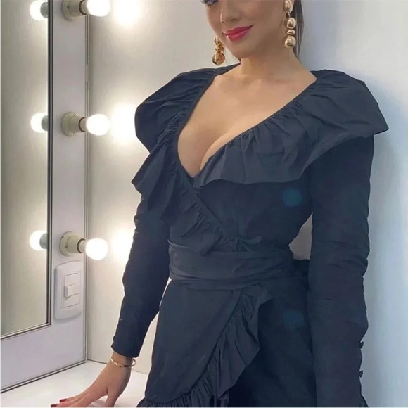 SANDRA MANSOUR X H&M Black Mini Ruffled Wrap Taffeta Dress Long Sleeve XXL - Picture 6 of 14